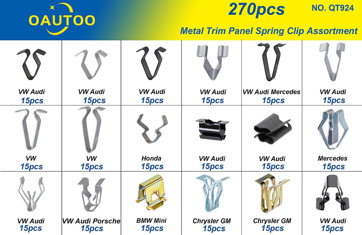OAUTOO organized spread of 18 clip types for fast selection and inventory benefit
