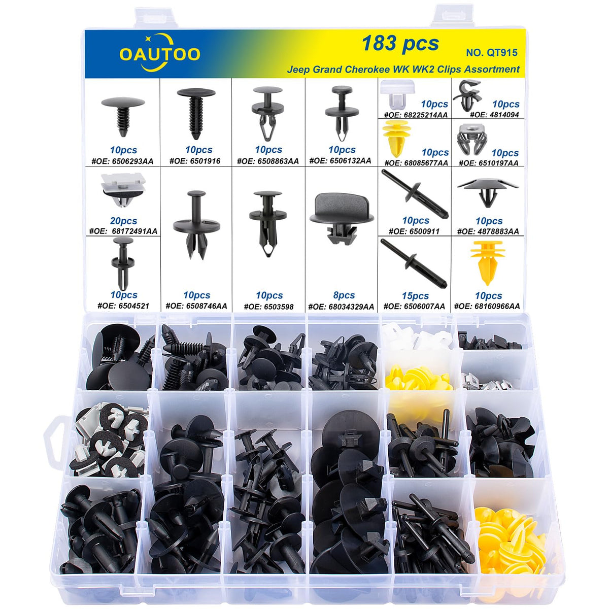 OAUTOO front view of 183-piece kit shows complete clip assortment and convenience