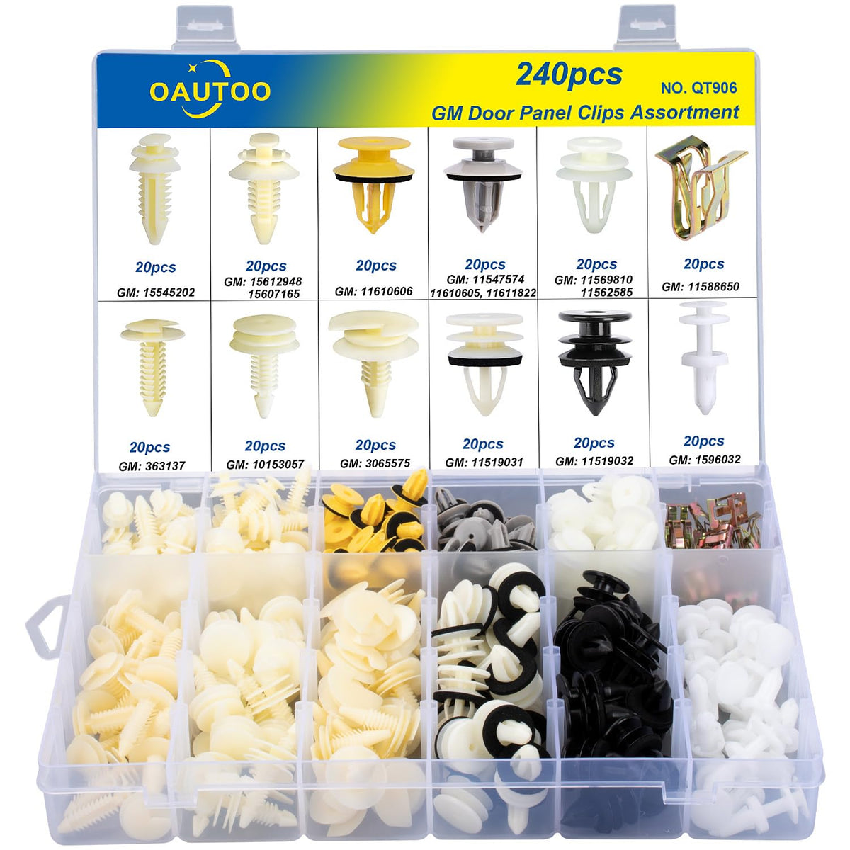 OAUTOO front of packaging showing 240-piece clip kit and contents benefit quick identification