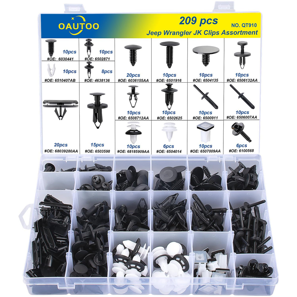 OAUTOO front view of 209-piece clip kit showing organized compartments and quick access