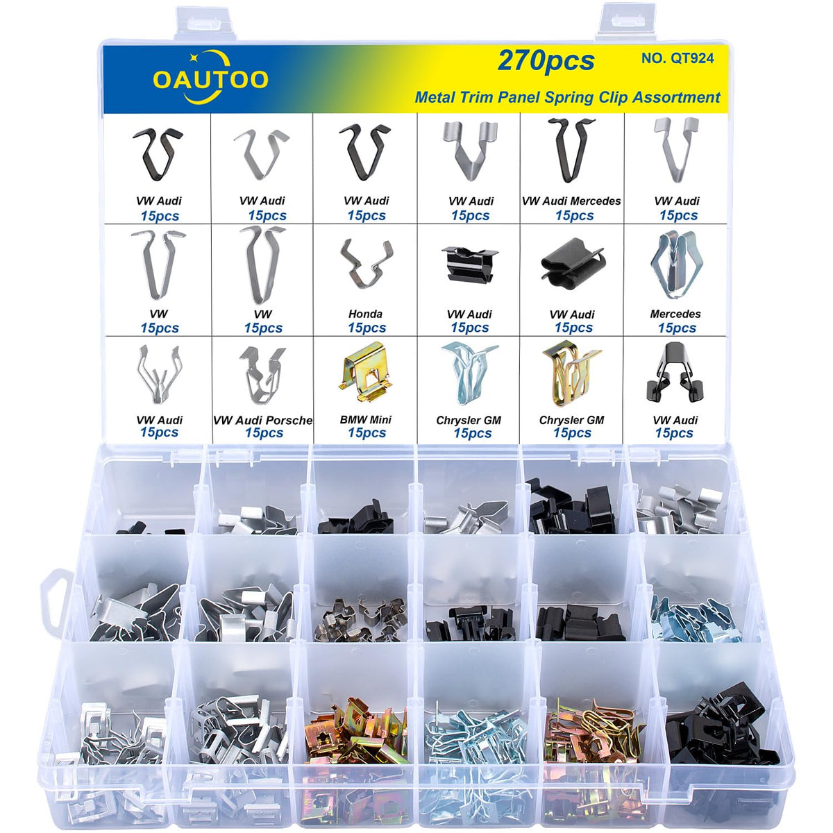 OAUTOO front packaging showing 270-piece clip kit and easy identification benefit