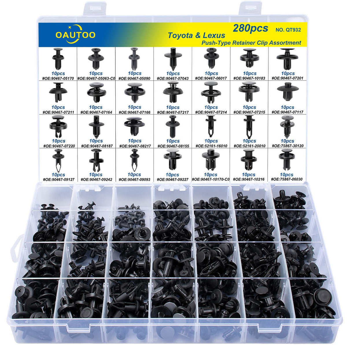 OAUTOO front packaging showing 280-piece clip assortment and easy selection benefit