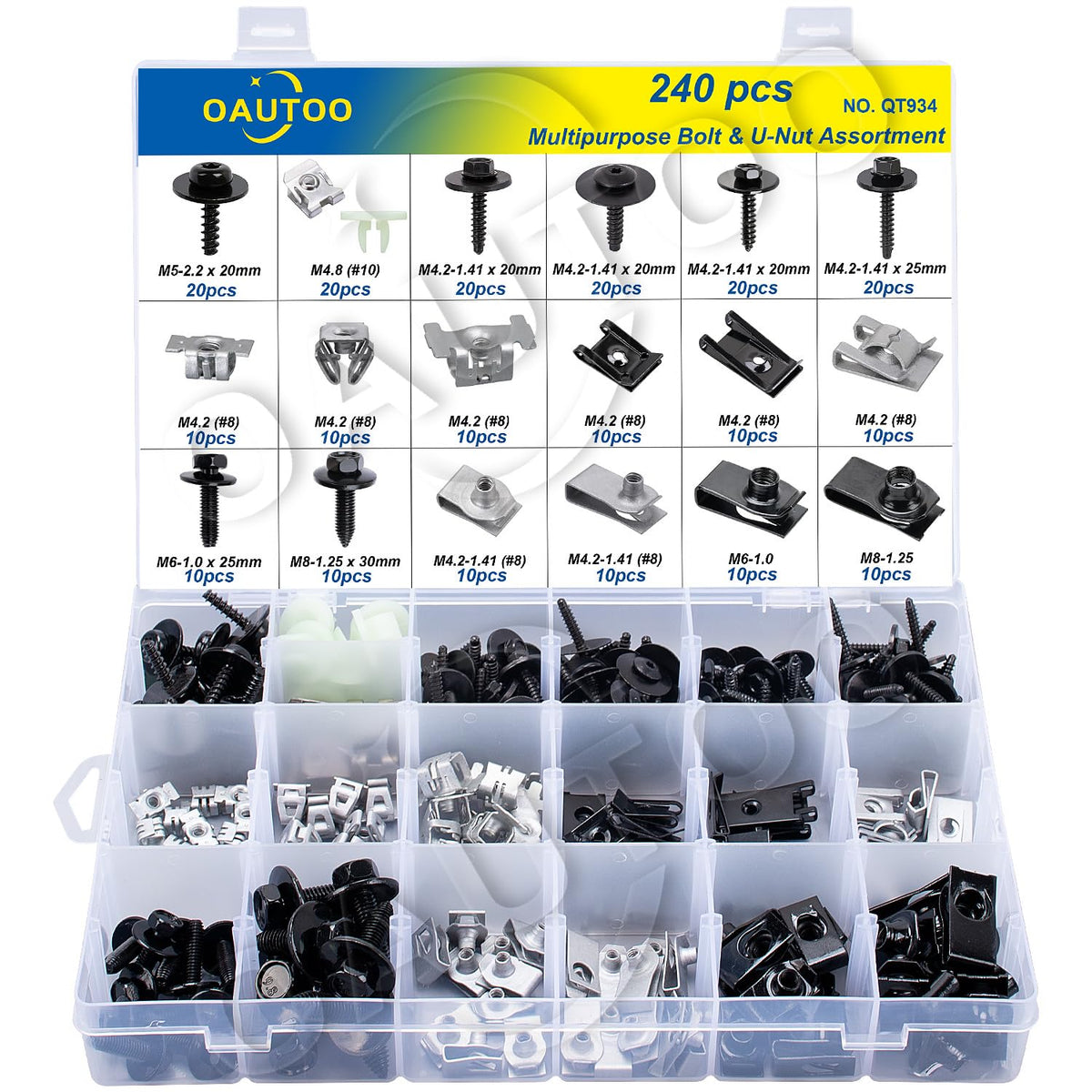 OAUTOO front packaging showing organized 240-piece bolt and U-nut kit for quick selection