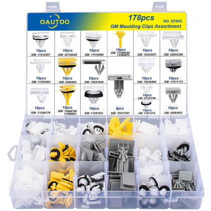 OAUTOO front packaging showing full 178-piece clip assortment and organized tray benefit