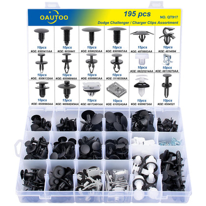 OAUTOO front packaging showing 195-piece retainer clip kit and organized layout for quick selection
