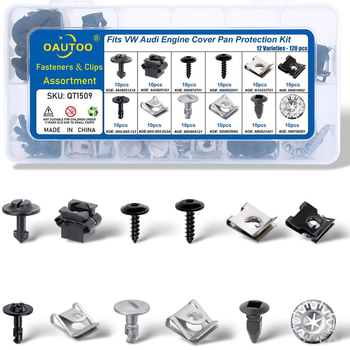 oautoo front packaging showing 120-piece fastener kit and organized trays, durable replacement