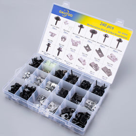OAUTOO spread of assorted bolts and U-nuts comparing sizes for easier part matching