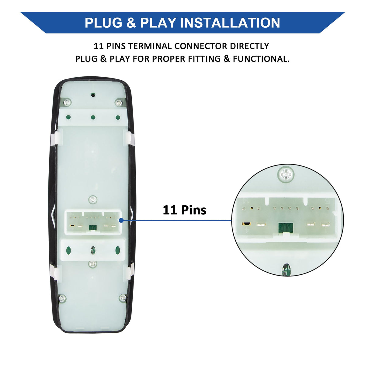 Obaee switch button detail highlighting 2-AUTO labels for front windows