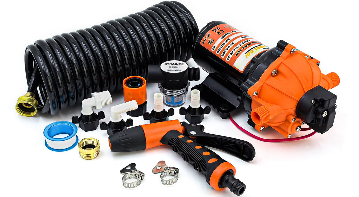 OBALOGI pump kit front view showing pump, hose, and nozzle for powerful cleaning
