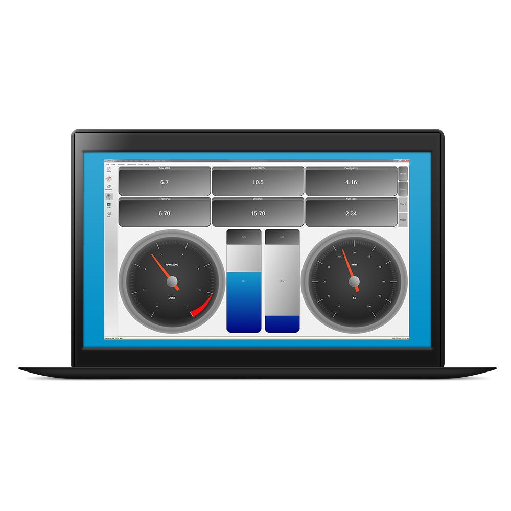 OBDLink LX with OBDwiz on Windows laptop, comprehensive diagnostic readouts