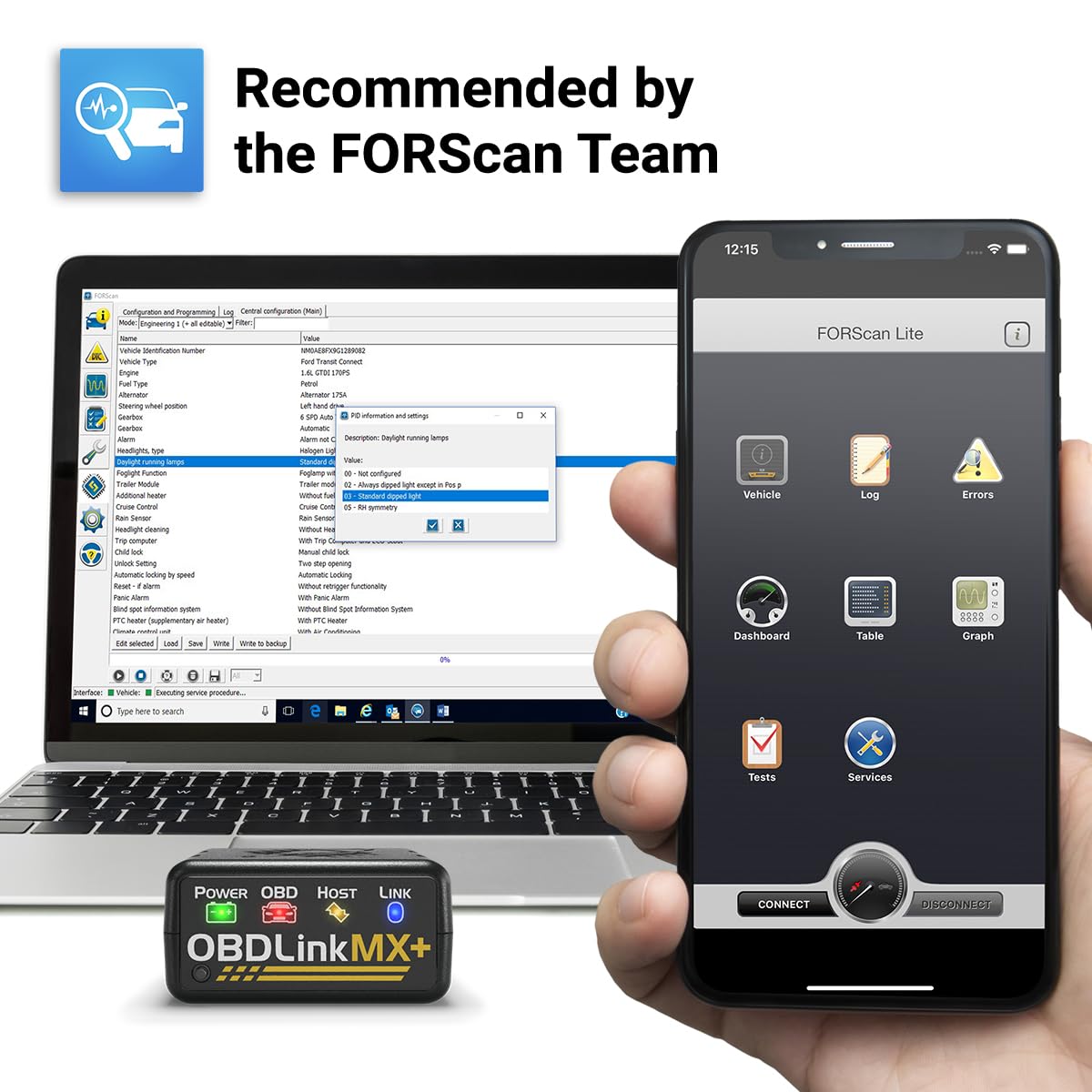 OBDLink MX+ with app icons highlighting compatibility and expanded functionality