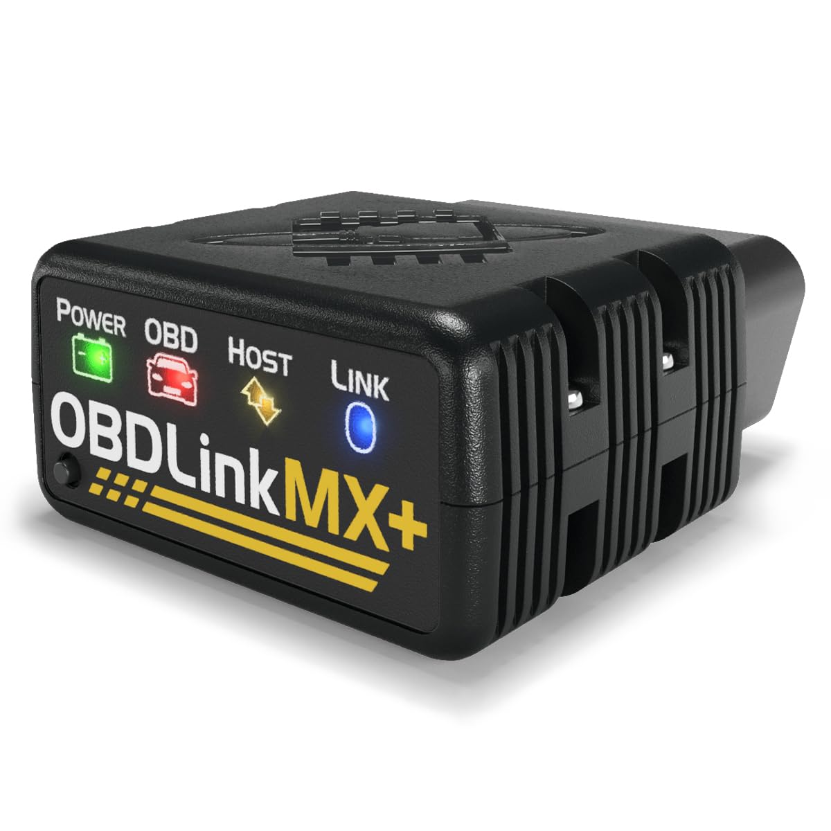 OBDLink MX+ front view showing compact adapter and logo, reliable diagnostics