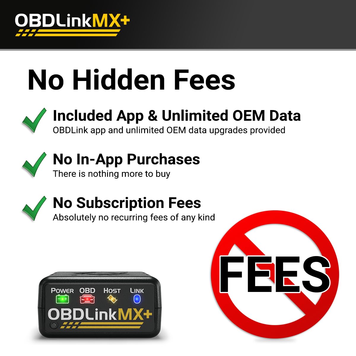 OBDLink MX+ beside a smartphone for scale, compact and portable design