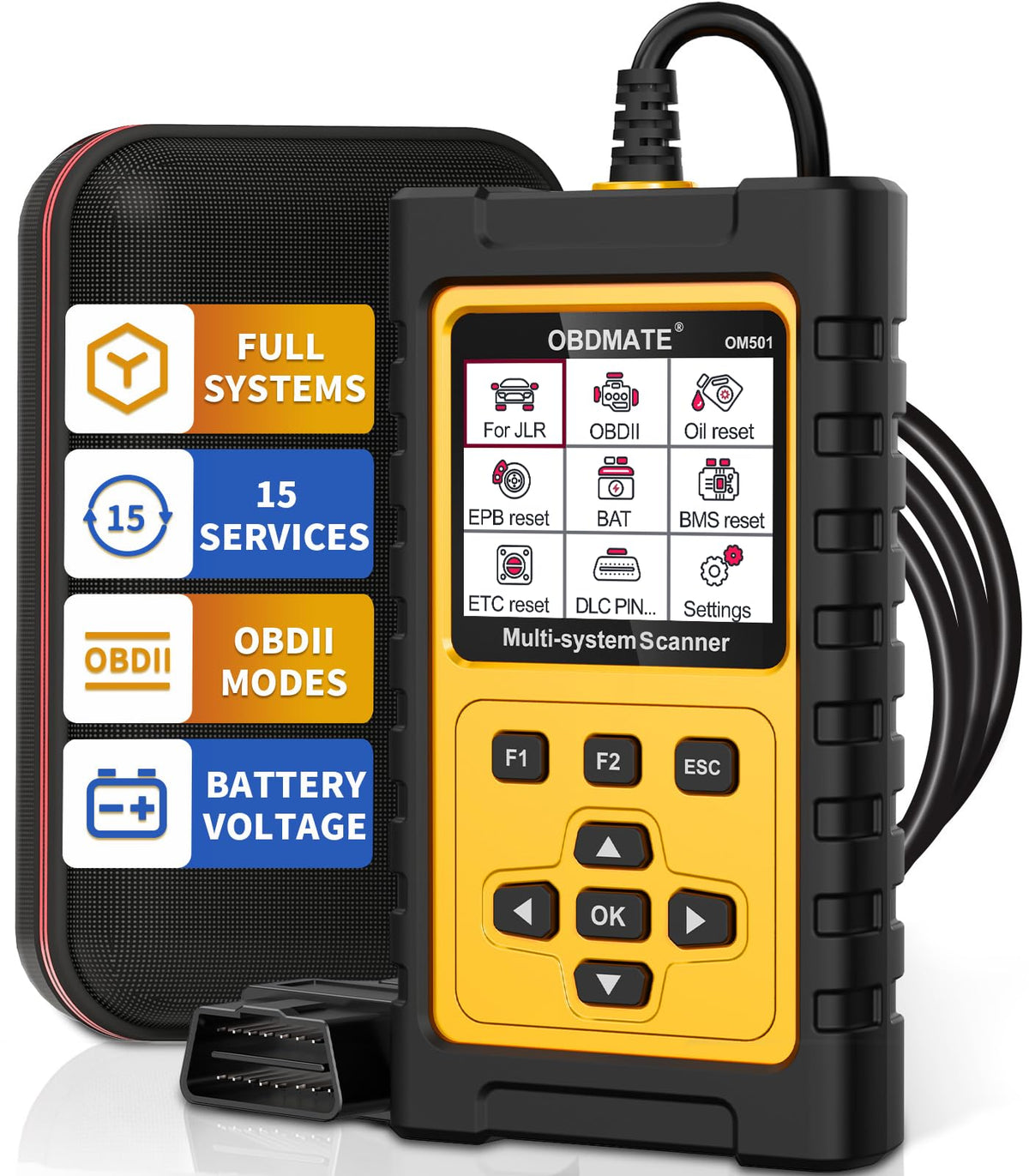OBDMATE OM501 front display showing diagnostics and fast overview benefit