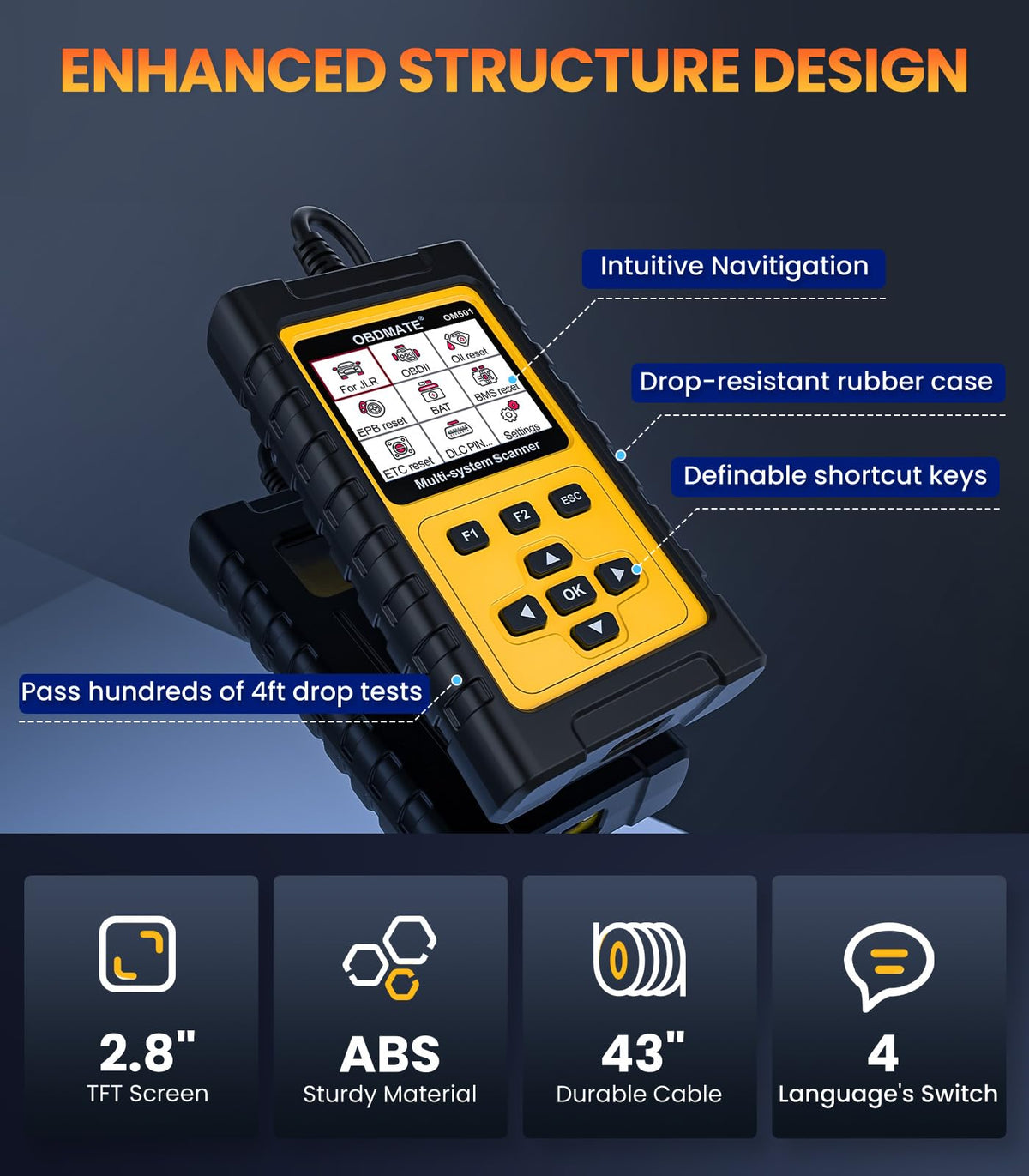OBDMATE OM501 handheld next to hands to show compact size and ergonomic benefit