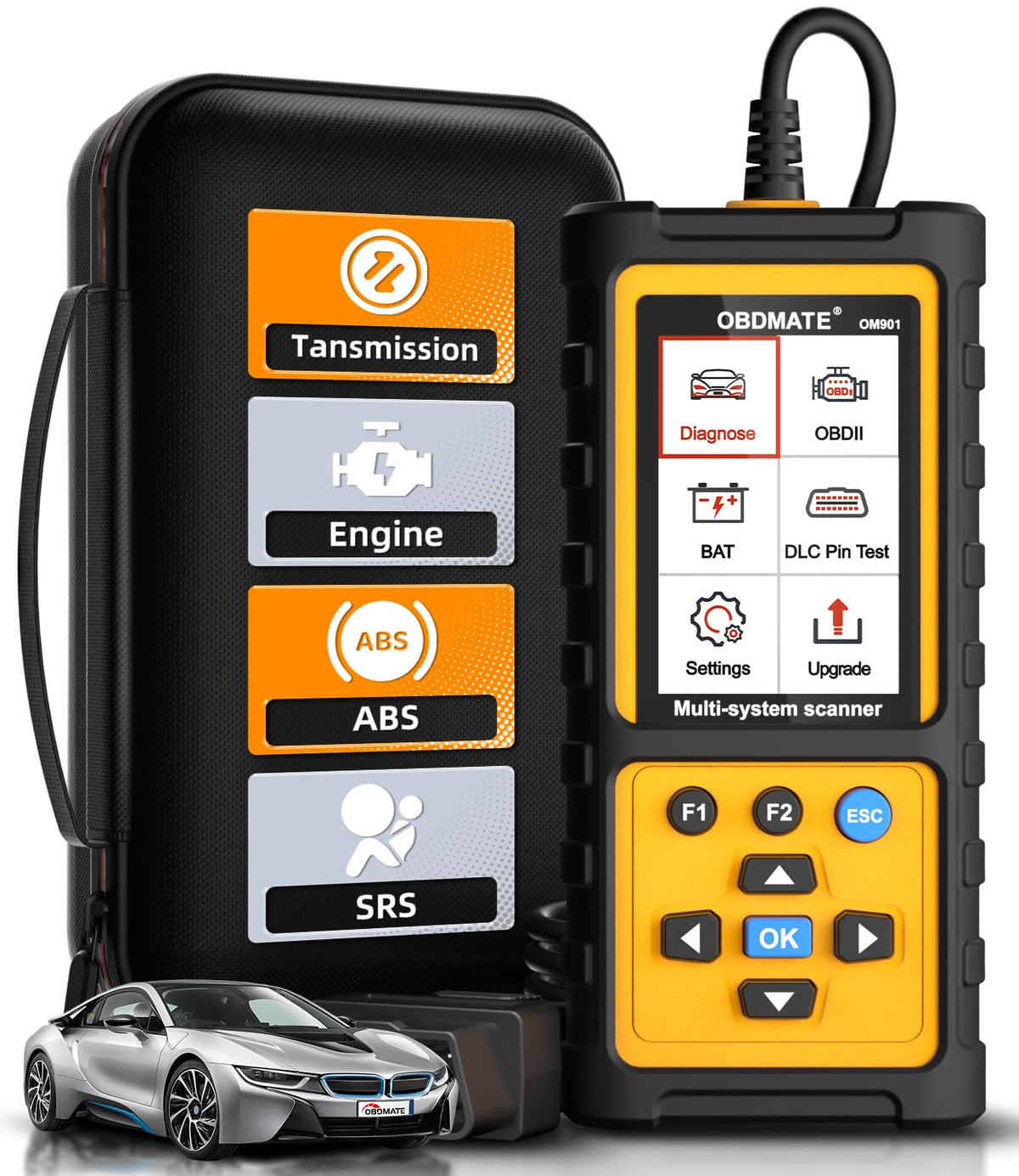 OBDMATE OM901 front view showing buttons and screen, quick diagnostics ready
