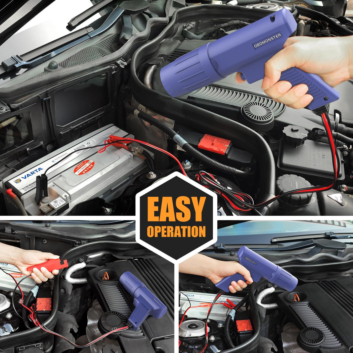 OBDMONSTER in use on a car engine showing timing marks visible with the strobe