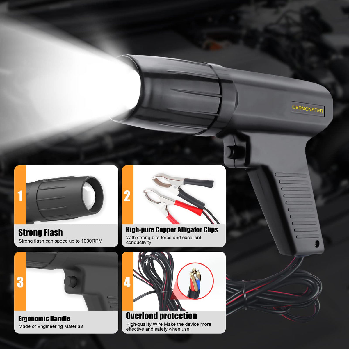 OBDMONSTER inductive clamp close-up for safe no-contact spark detection benefit
