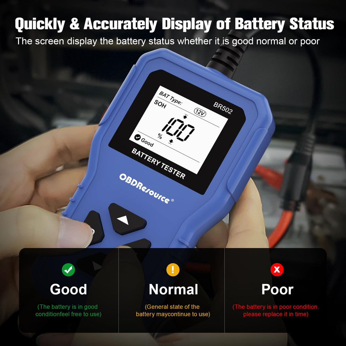 OBDResource BR502 connected to a car battery demonstrating in-vehicle testing