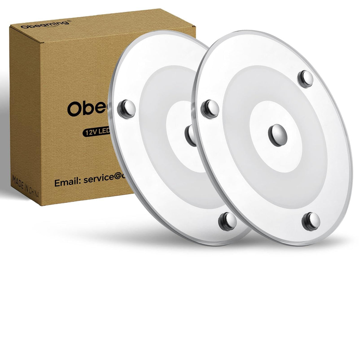 Obeaming front view of ceiling dome light showing neat flush look and warm illumination