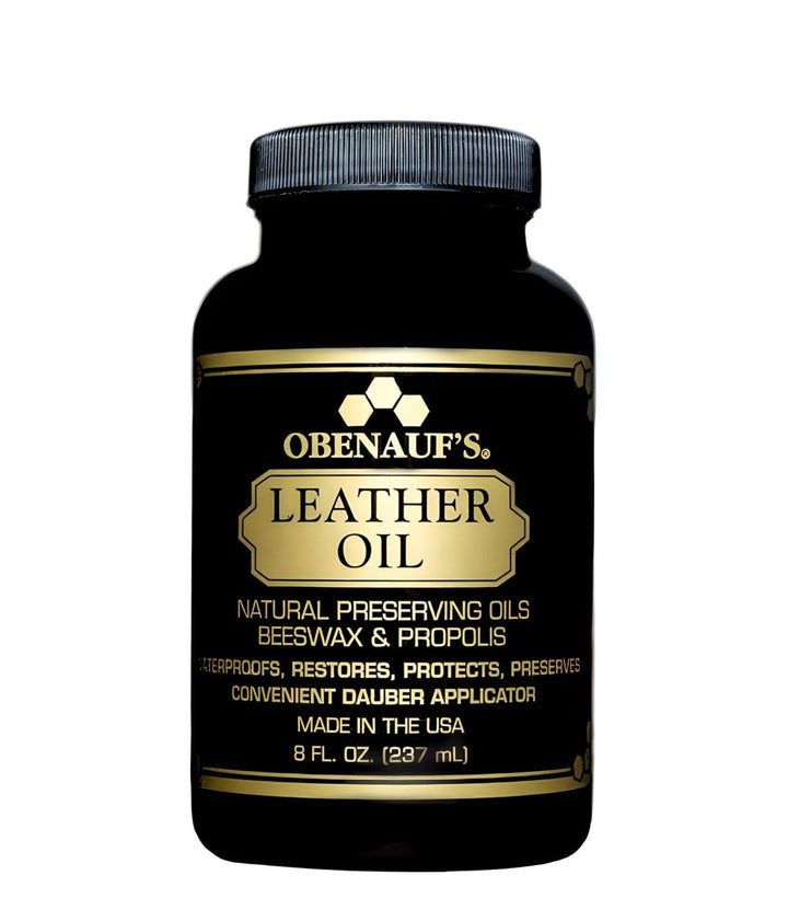 Obenauf's bottle front view showing size and label, helps identify product quickly