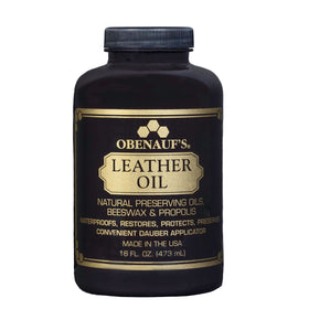Obenauf's leather oil front bottle showing label and 16oz size, protects leather