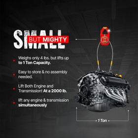 Oberg Tilt Lift beside engine and hoist showing scale and shop-ready capacity