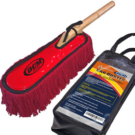 OCM Brand front view showing packaged extra large car duster and benefits