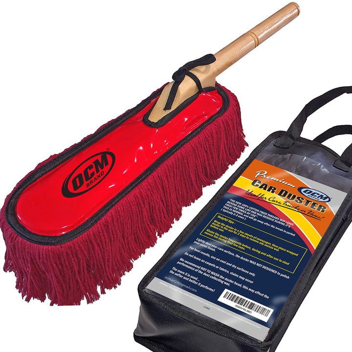 OCM Brand front view showing packaged extra large car duster and benefits