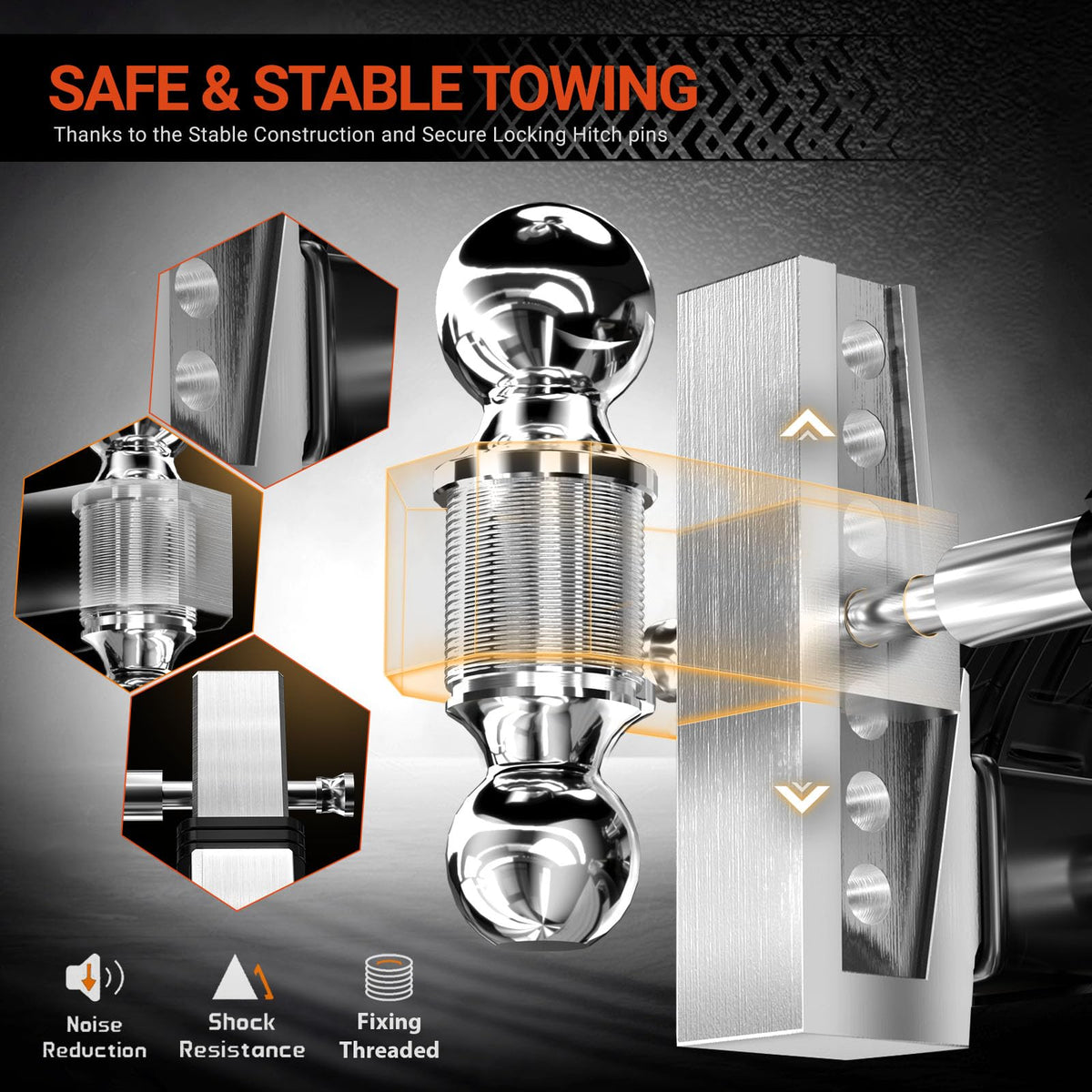 octora ball mount with 2" and 2-5/16" balls showing versatile towing capacity