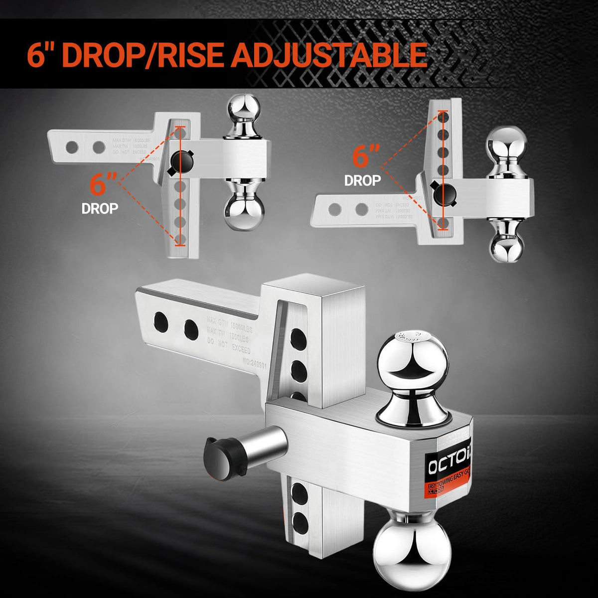 octora side view illustrating the 6-inch drop and rise adjustment for level towing