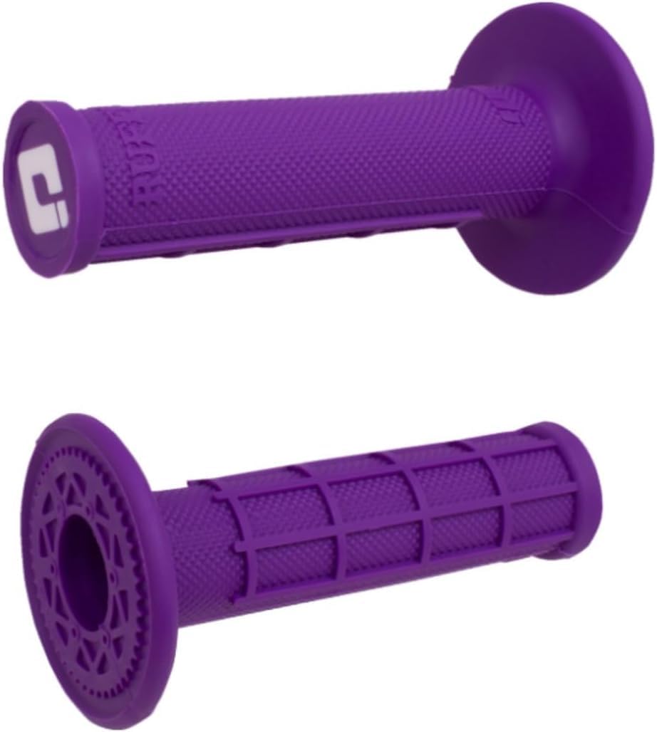 ODI Ruffian purple grips front view showing closed-end and logo for durable protection