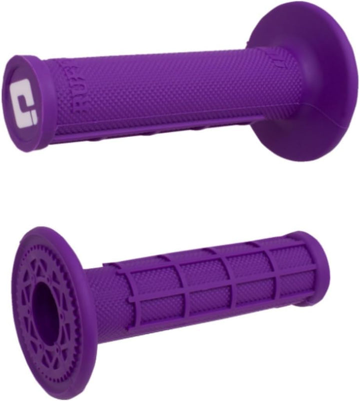 ODI Ruffian purple grips front view showing closed-end and logo for durable protection