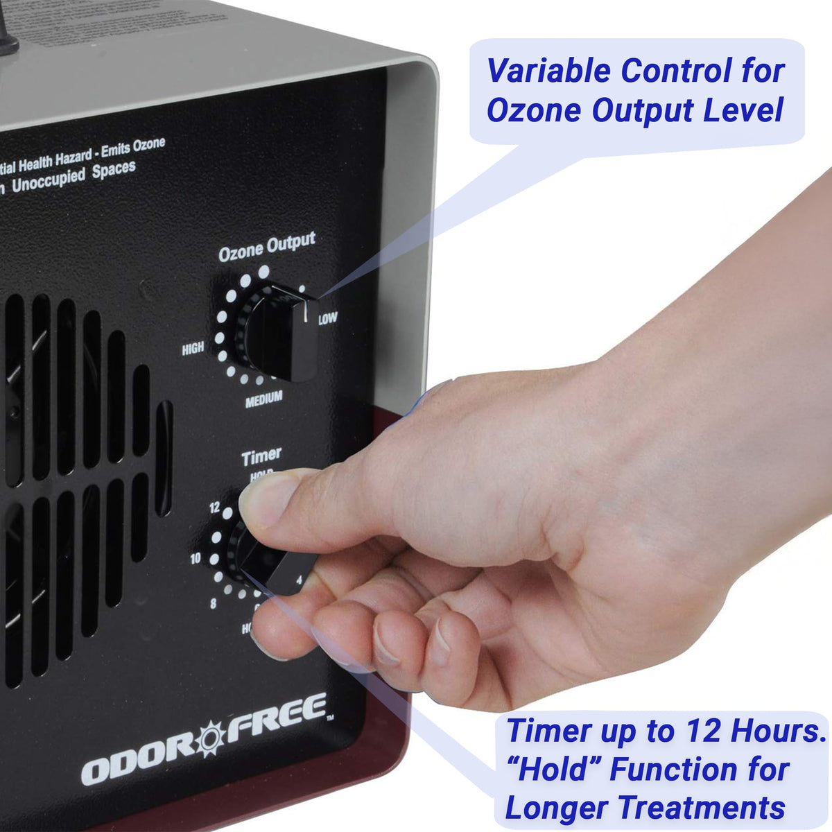 OdorFree Estate 4000 close-up of timer and manual controls for precise ozone treatment
