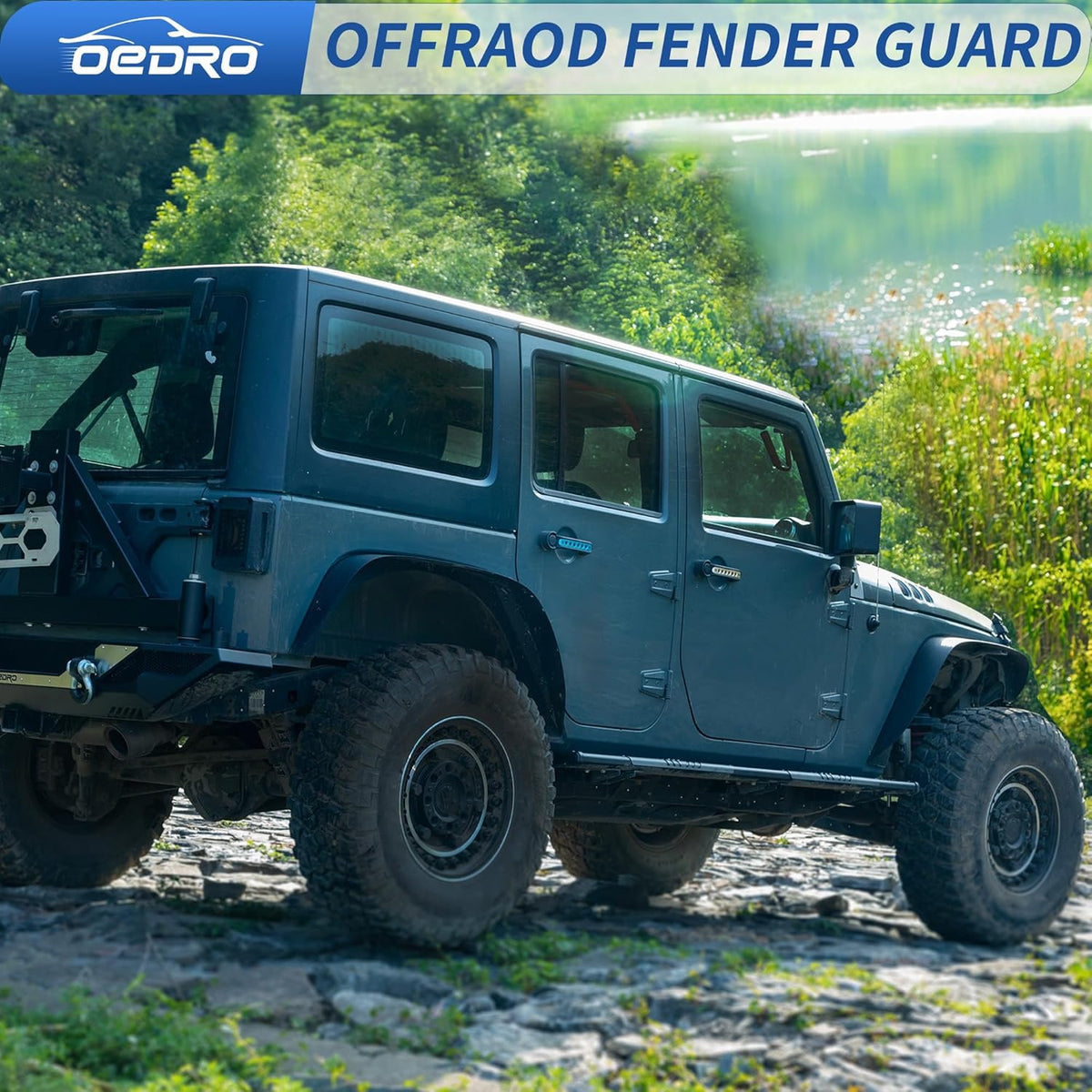 OEDRO rear fender flare mounted on Jeep Wrangler JK showing extended coverage