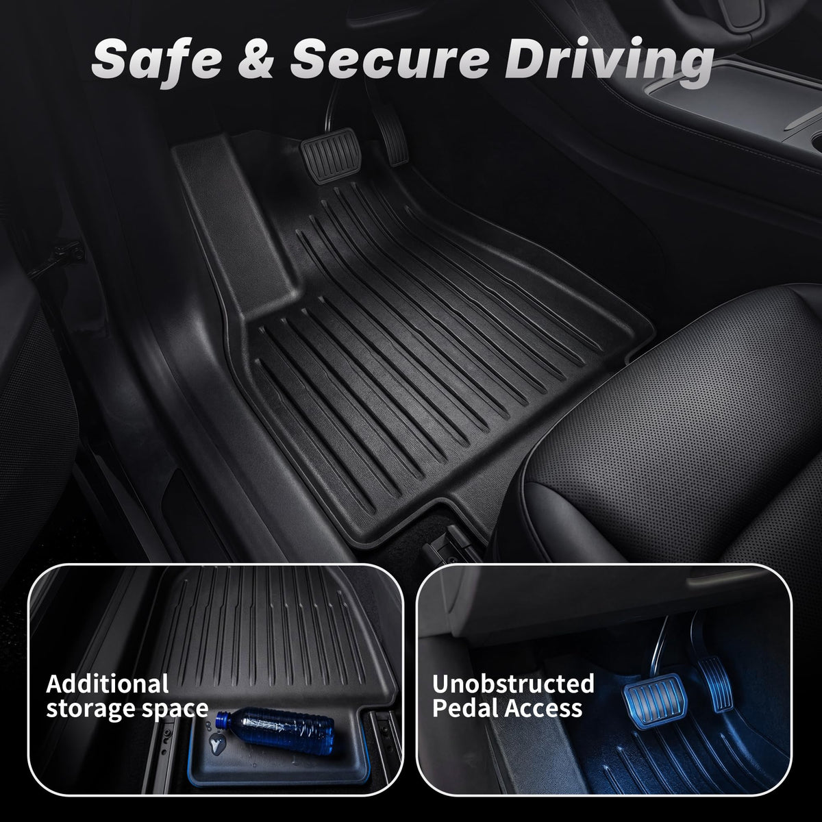 OEDRO rear floor liner installed in Model Y 5-seater showing coverage and passenger protection benefit