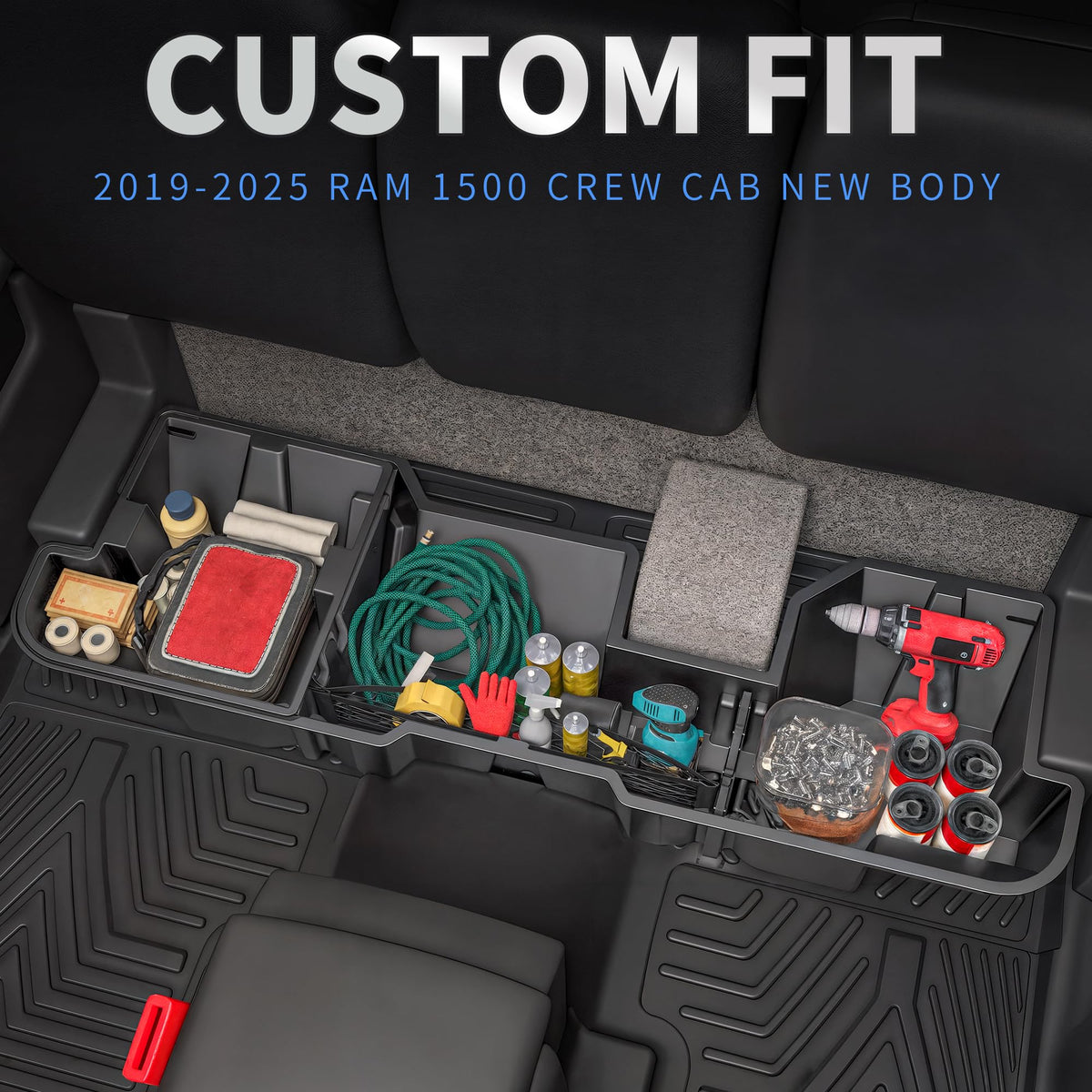 OEDRO installed under Ram 1500 rear seat showing snug, factory-like fit