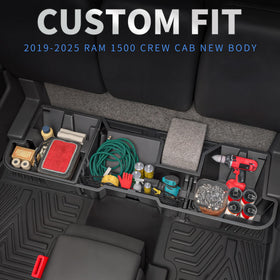 OEDRO installed under Ram 1500 rear seat showing snug, factory-like fit