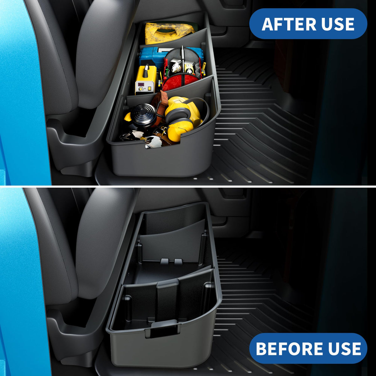 OEDRO installed side profile under rear seat demonstrating space-saving benefit