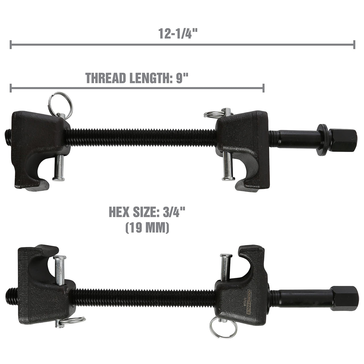 OEMTOOLS close-up of forged hook gripping coil spring, demonstrating secure hold and reduced slippage
