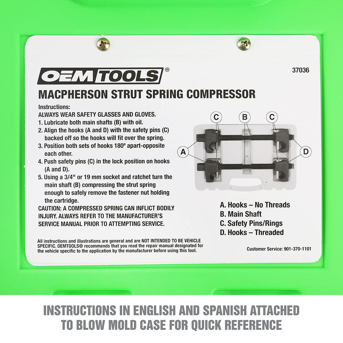 OEMTOOLS thread length shown with scale, illustrating 9-inch travel for deep compression and adjustability