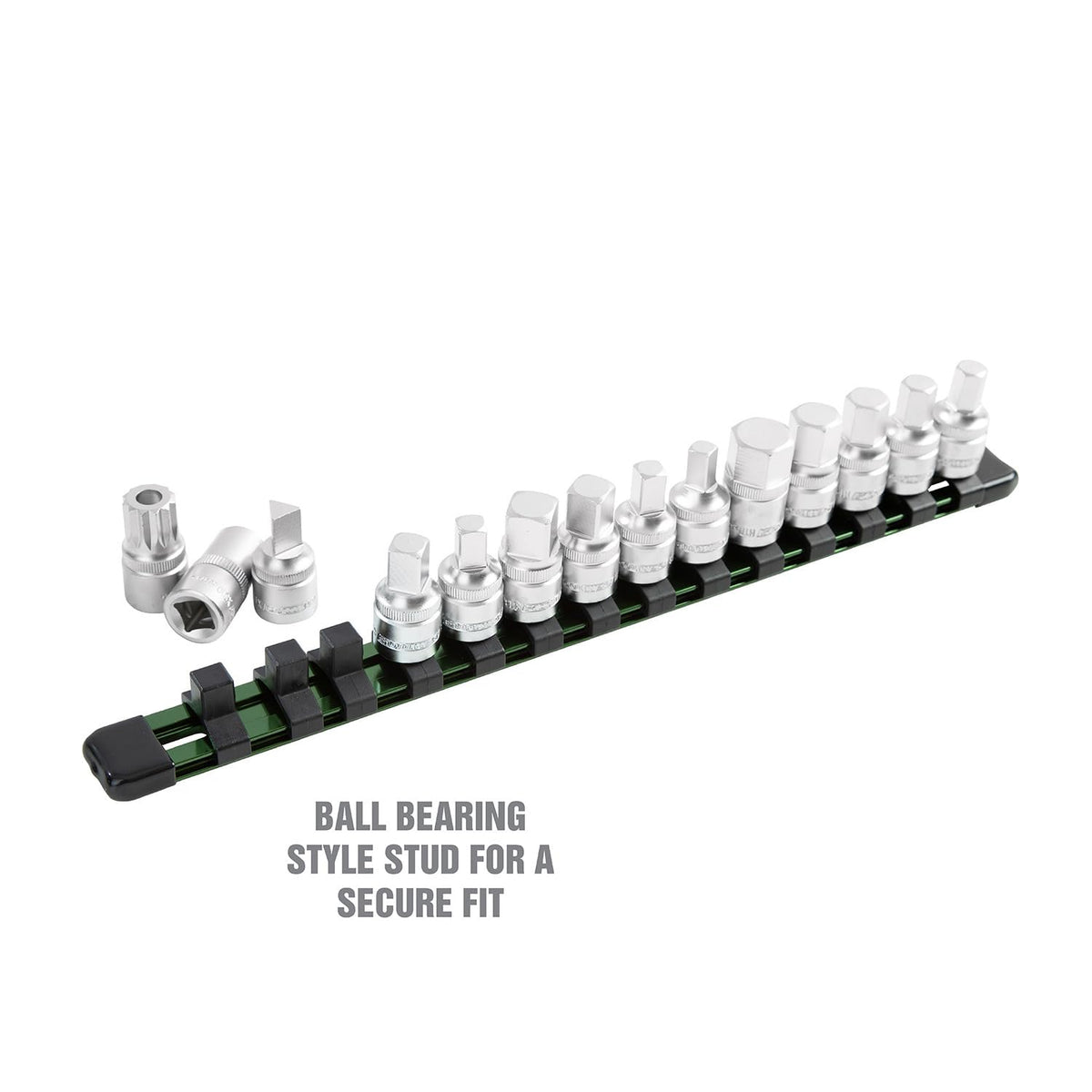 OEMTOOLS aluminum rail holding sockets neatly for easy transport and organized storage