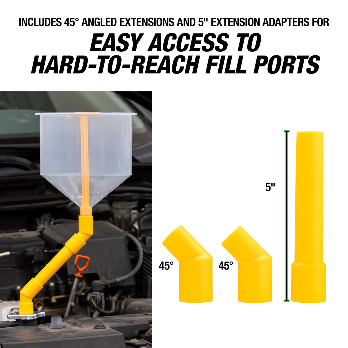 OEMTOOLS 45-degree angled adapter close-up for awkward filler access