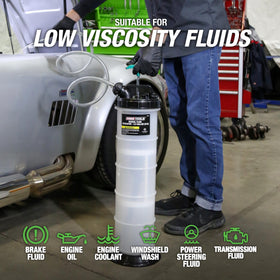 OEMTOOLS discharge hose emptying fluid into a safe collection container