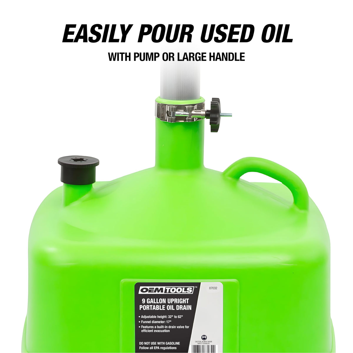 OEMTOOLS drain valve and evacuation spout for controlled, mess-free disposal