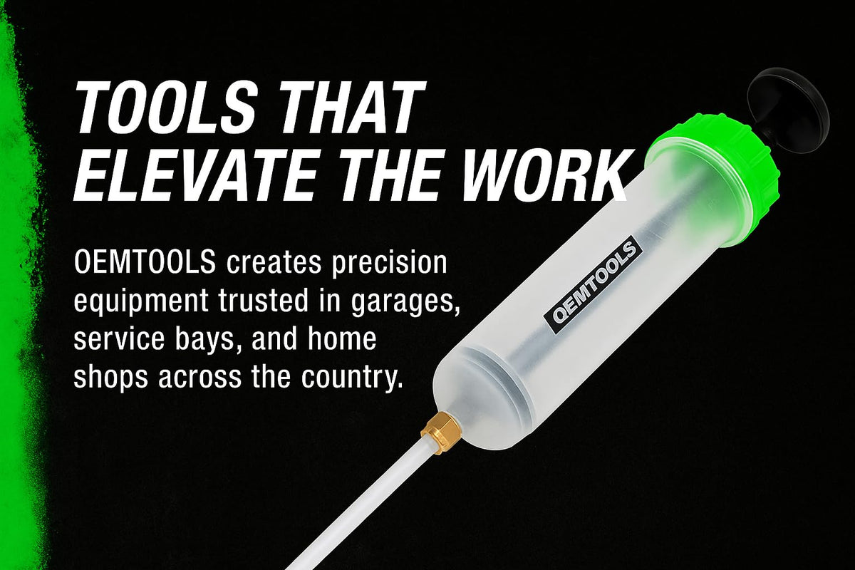 OEMTOOLS extension tubes and adapters laid out for access to tight reservoirs
