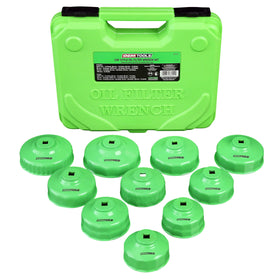 OEMTOOLS front packaging showing ten-piece oil filter cap wrench set benefits