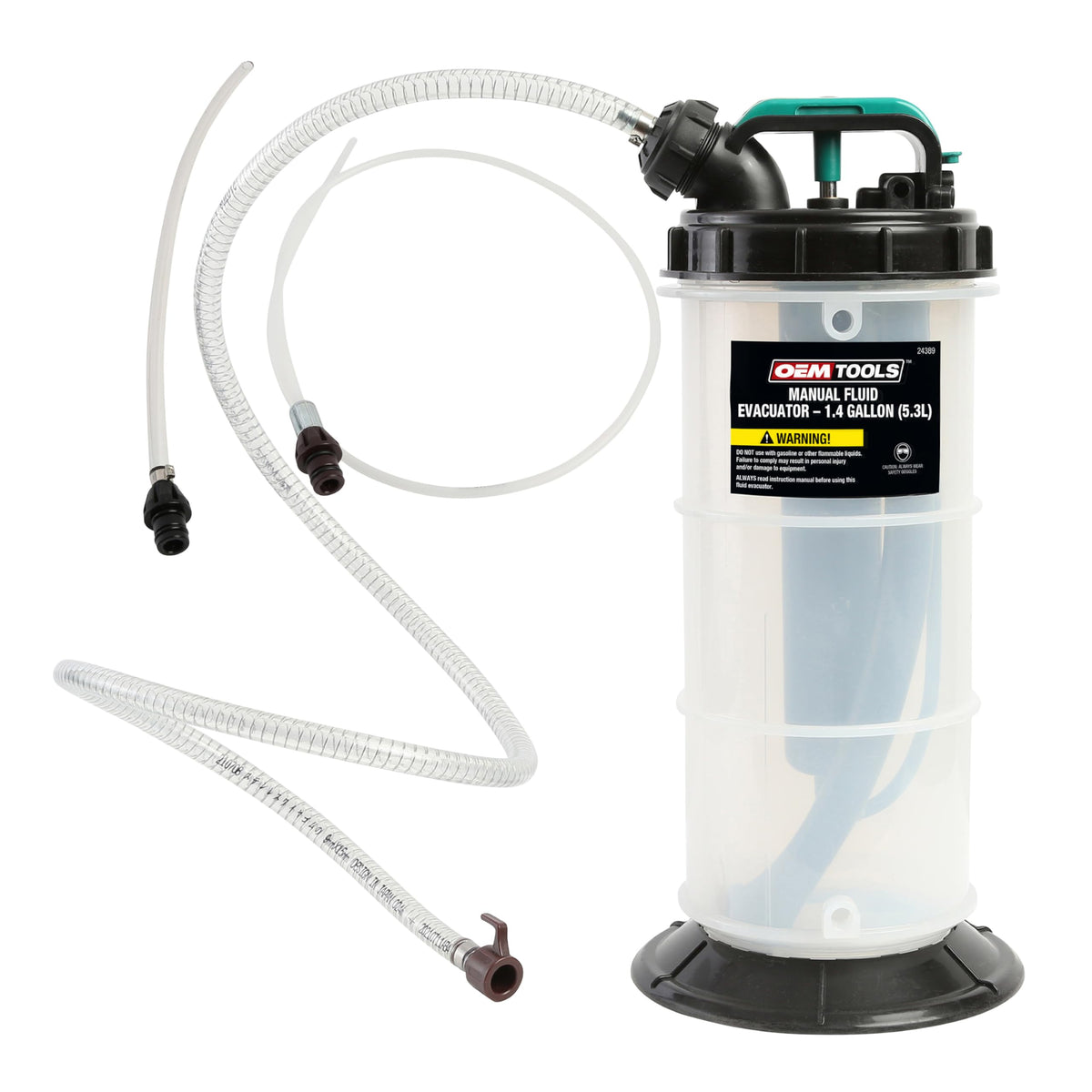OEMTOOLS front view of extractor reservoir showing capacity and spill control benefit