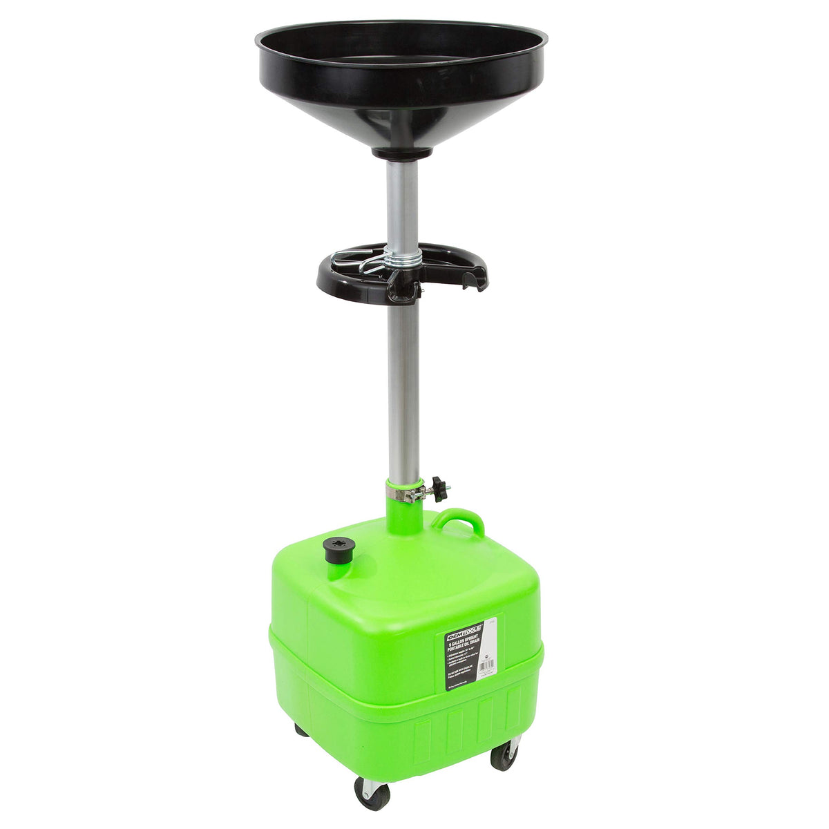 OEMTOOLS front view of upright oil drain showing compact profile and mobility
