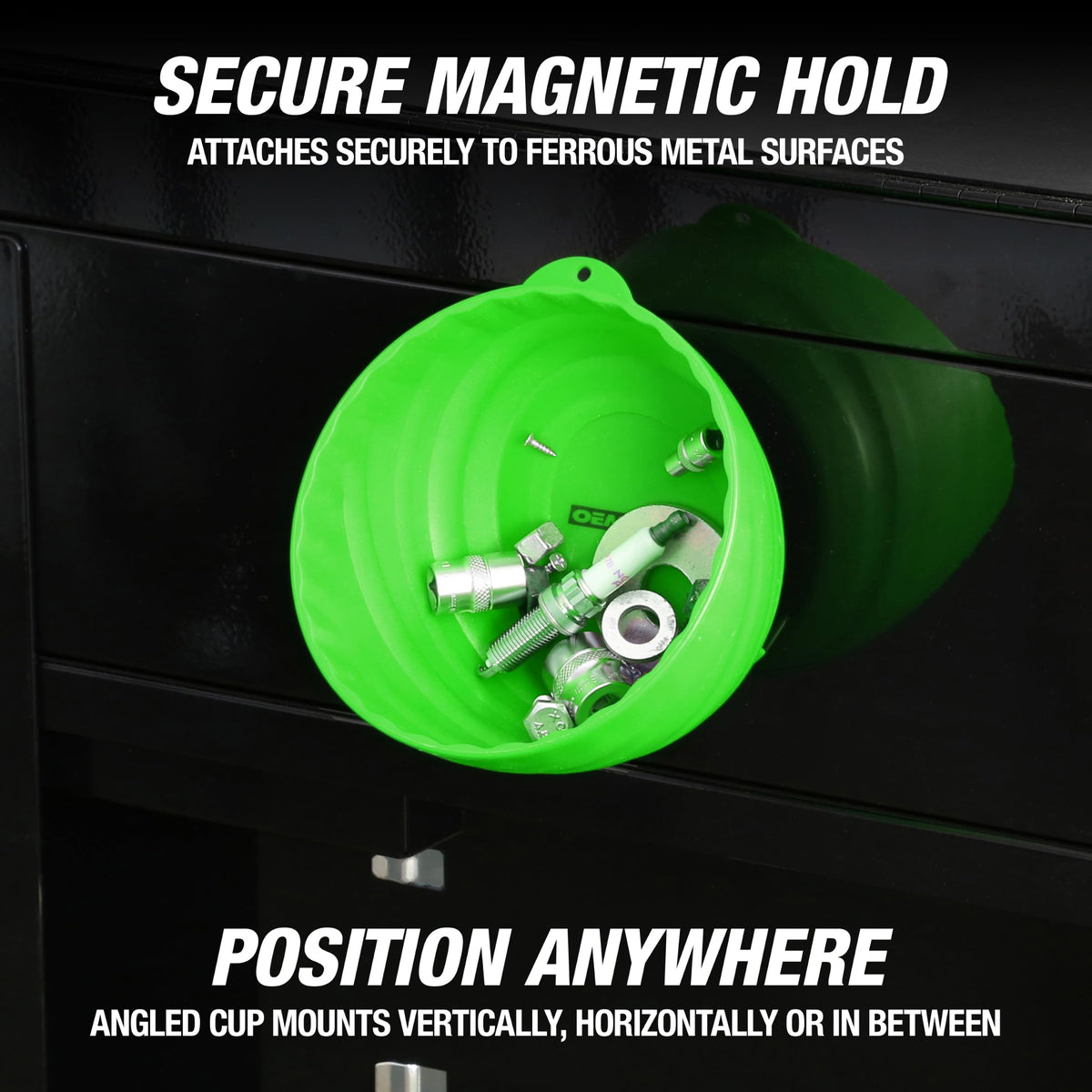OEMTOOLS magnetic bowl attached in engine bay keeps fasteners organized